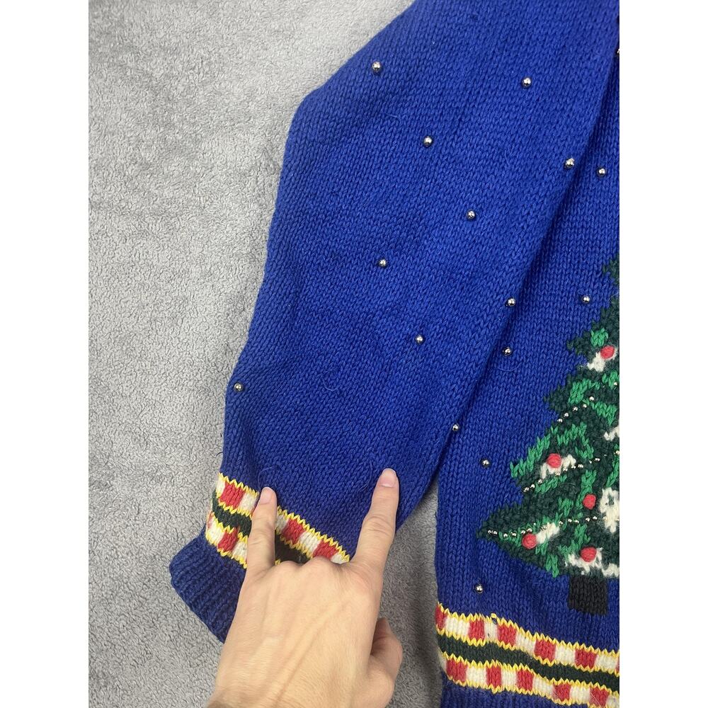Essential Elements Cardigan Sweater Womens Large Blue Christmas Ugly Beaded - Picture 4 of 8
